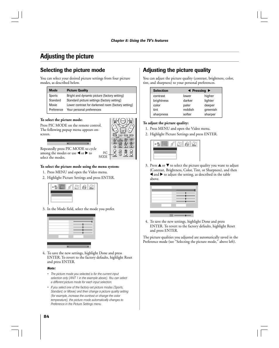 Adjusting the picture, Adjusting the picture quality, Selecting the picture mode | Chapter 8: using the tv’s features | Toshiba 56MX195 User Manual | Page 84 / 128