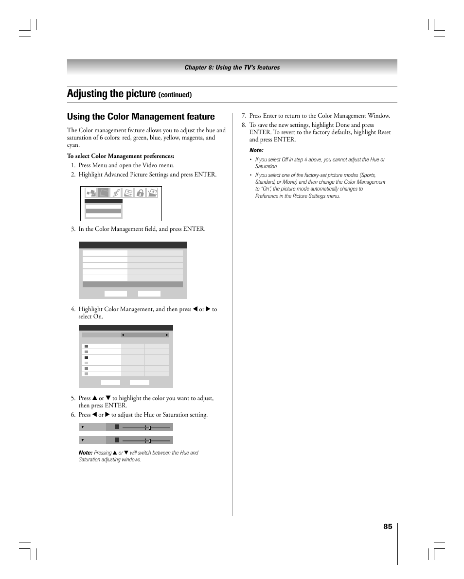 Adjusting the picture, Using the color management feature, Continued) | Chapter 8: using the tv’s features | Toshiba 56MX195 User Manual | Page 85 / 128