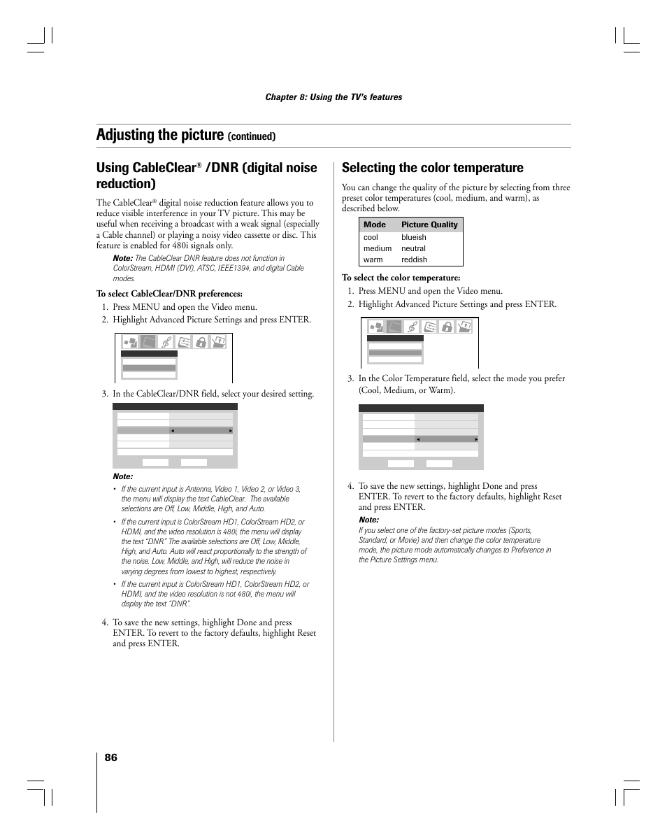 Adjusting the picture, Using cableclear, Dnr (digital noise reduction) | Selecting the color temperature, Continued), Chapter 8: using the tv’s features, The cableclear | Toshiba 56MX195 User Manual | Page 86 / 128