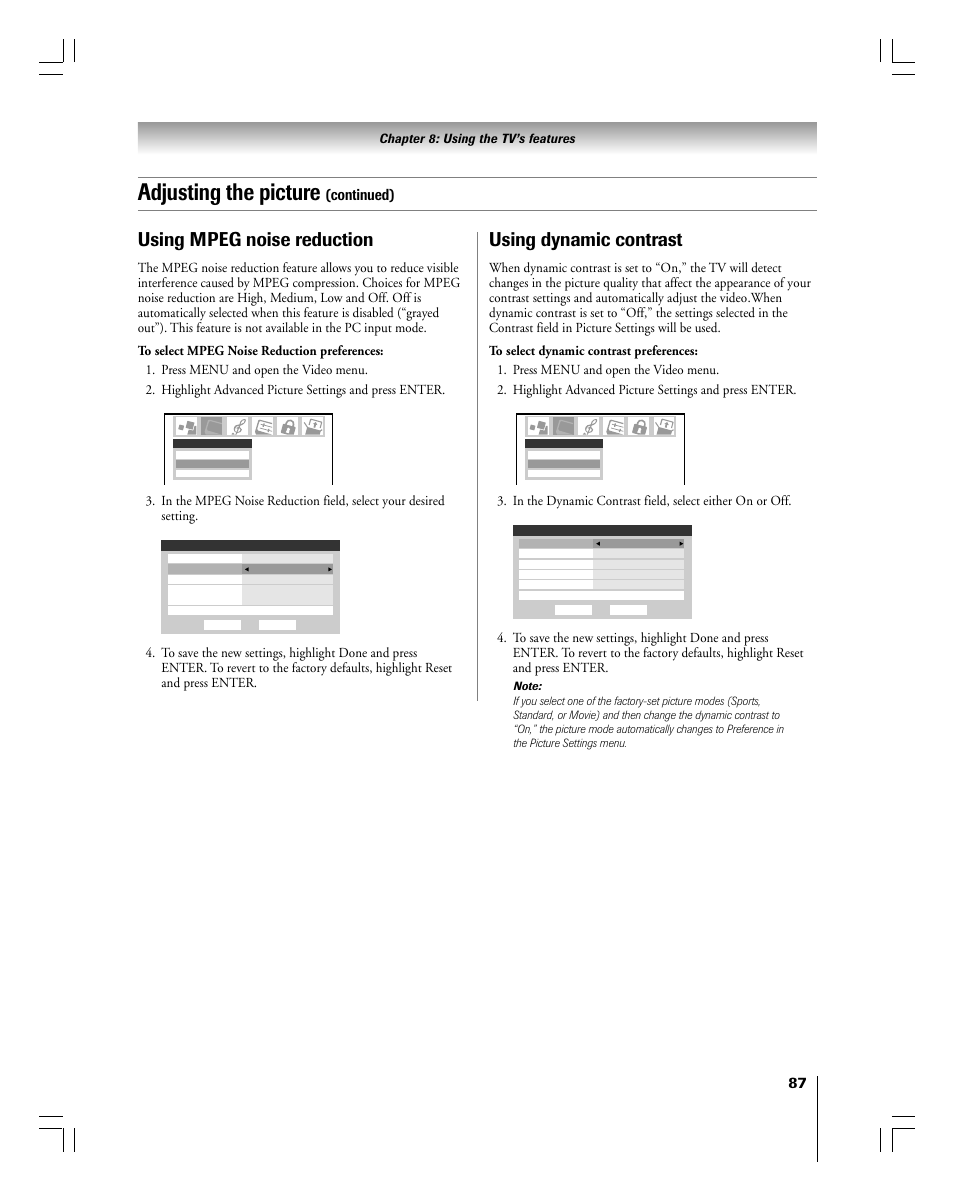 Adjusting the picture, Using mpeg noise reduction, Using dynamic contrast | Continued), Chapter 8: using the tv’s features | Toshiba 56MX195 User Manual | Page 87 / 128