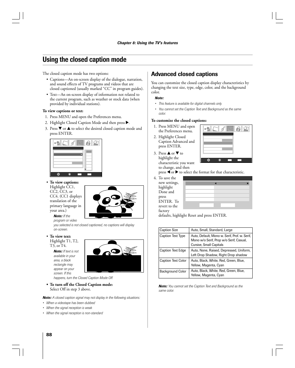 Using the closed caption mode, Advanced closed captions, Chapter 8: using the tv’s features | Toshiba 56MX195 User Manual | Page 88 / 128
