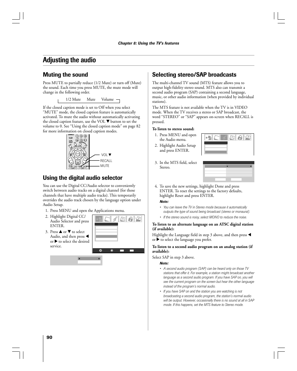 Adjusting the audio, Muting the sound, Selecting stereo/sap broadcasts | Using the digital audio selector | Toshiba 56MX195 User Manual | Page 90 / 128
