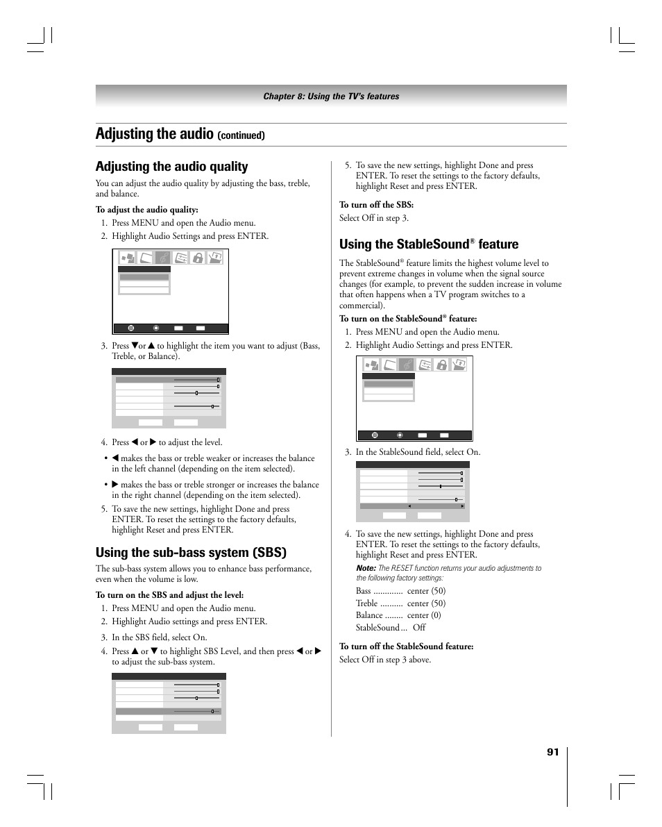 Adjusting the audio, Adjusting the audio quality, Using the sub-bass system (sbs) | Using the stablesound, Feature, Continued), Chapter 8: using the tv’s features, The stablesound | Toshiba 56MX195 User Manual | Page 91 / 128