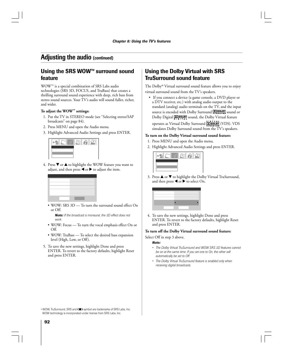 Adjusting the audio, Using the srs wow™ surround sound feature, Continued) | Toshiba 56MX195 User Manual | Page 92 / 128