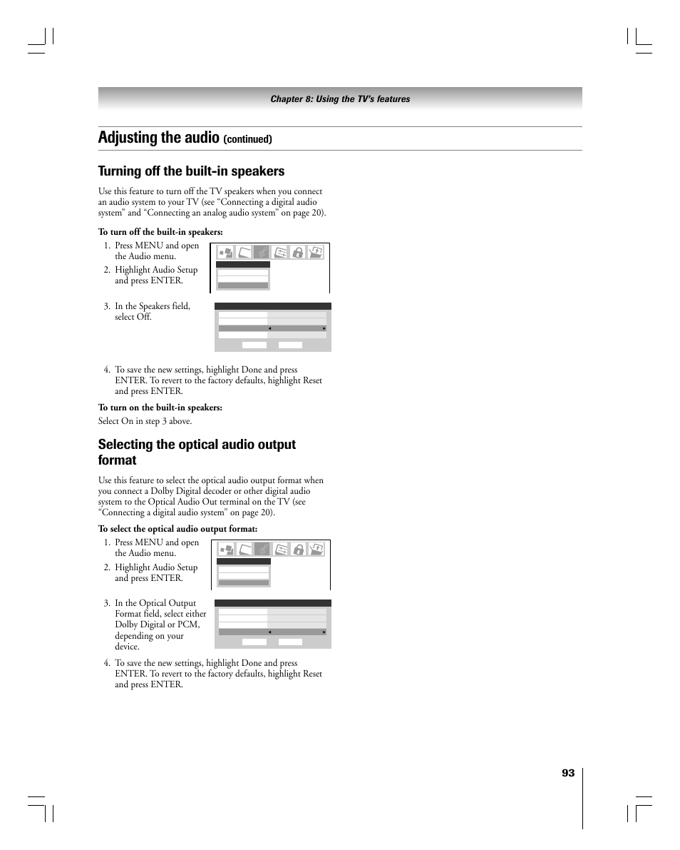 Adjusting the audio, Turning off the built-in speakers, Selecting the optical audio output format | Continued), Chapter 8: using the tv’s features | Toshiba 56MX195 User Manual | Page 93 / 128