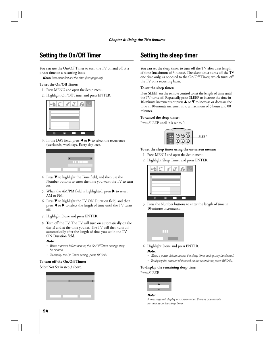 Setting the sleep timer, Setting the on/off timer, Highlight done and press enter | Chapter 8: using the tv’s features | Toshiba 56MX195 User Manual | Page 94 / 128