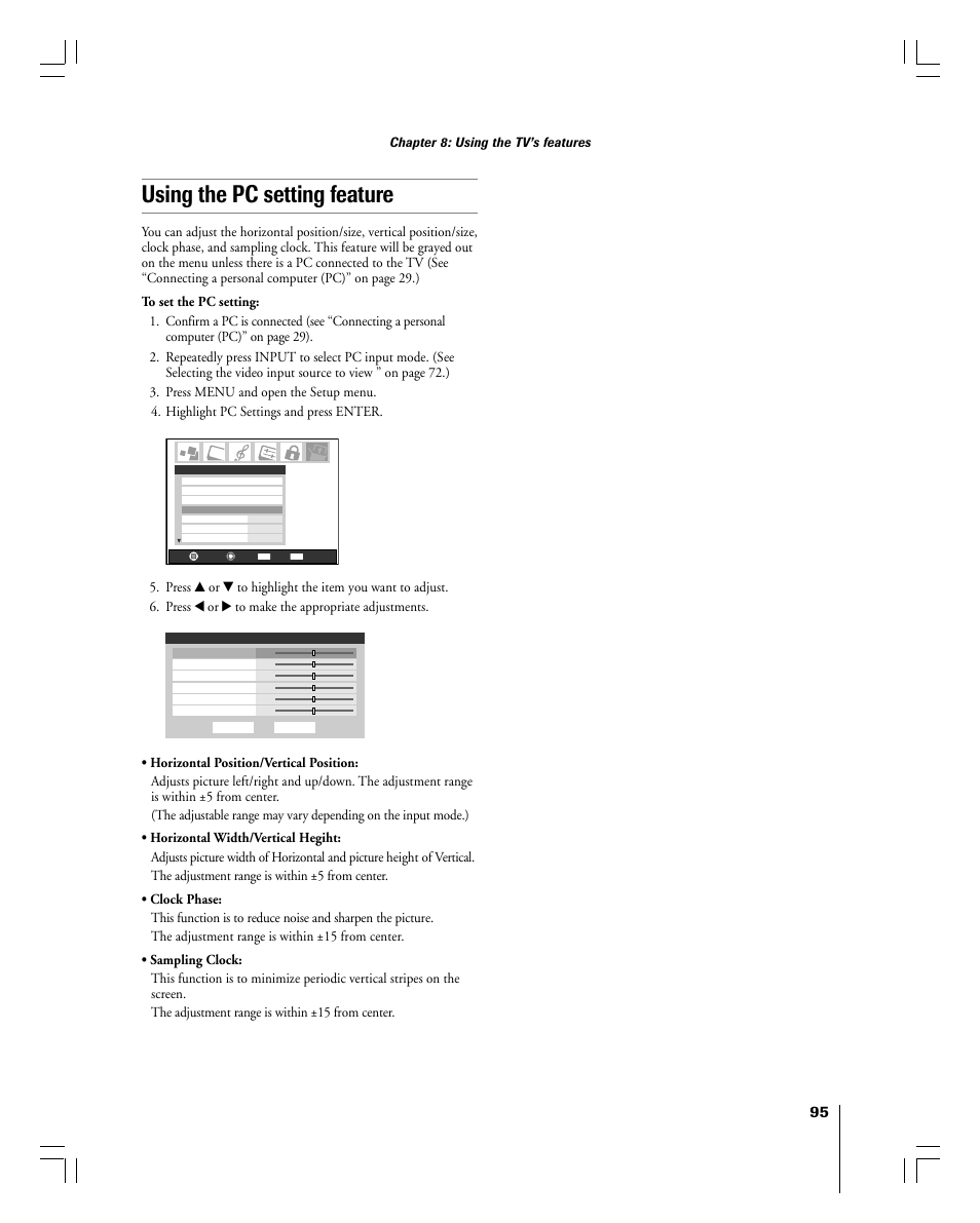 Using the pc setting feature | Toshiba 56MX195 User Manual | Page 95 / 128