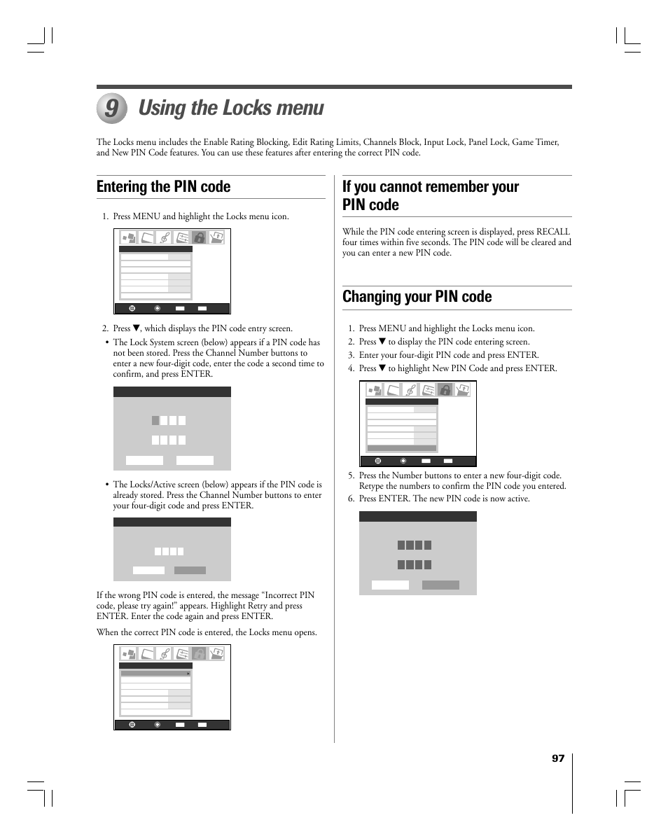 Using the locks menu, If you cannot remember your pin code, Entering the pin code changing your pin code | Toshiba 56MX195 User Manual | Page 97 / 128