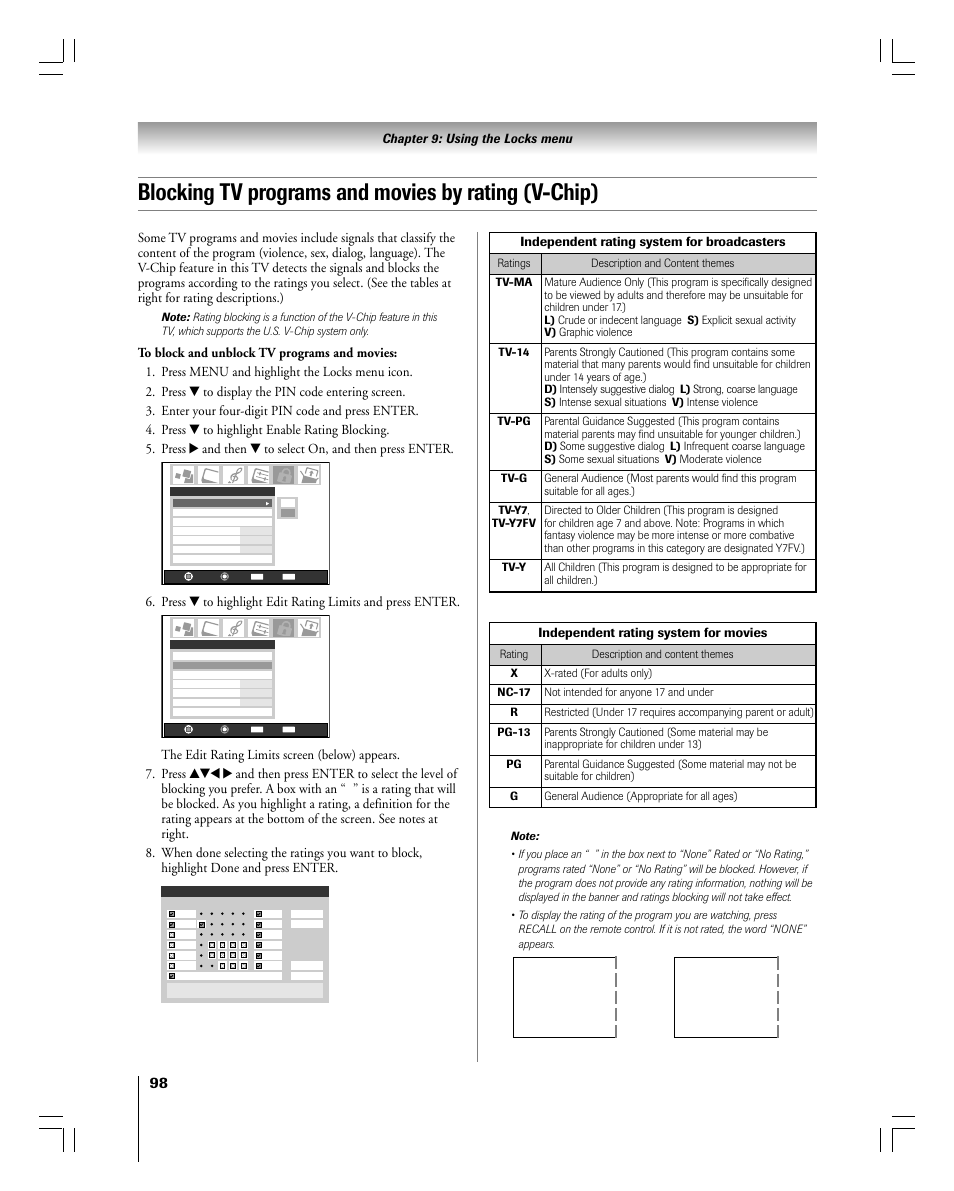 Blocking tv programs and movies by rating (v-chip), Independent rating system for broadcasters, Independent rating system for movies | Toshiba 56MX195 User Manual | Page 98 / 128