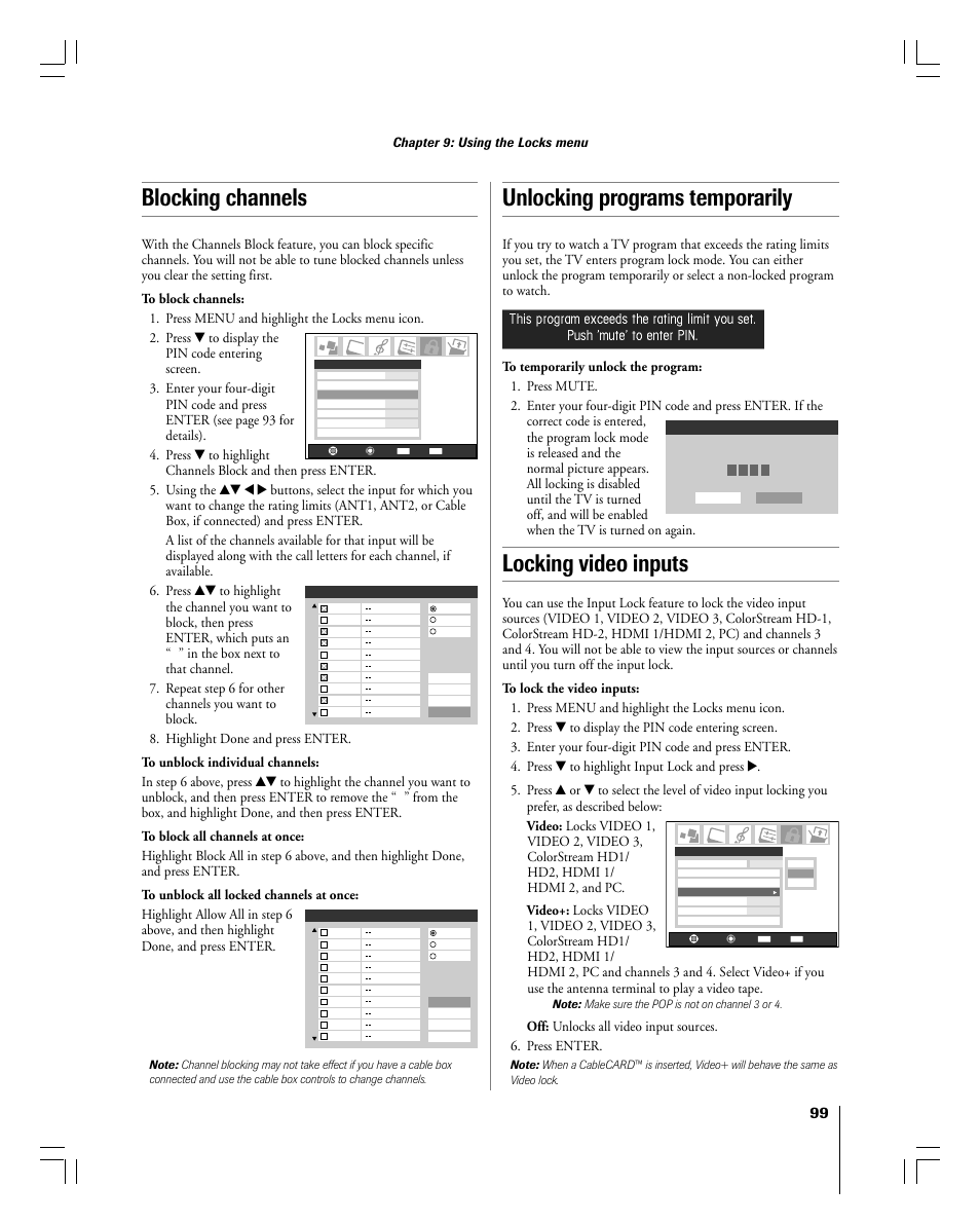 Locking video inputs, Blocking channels, Unlocking programs temporarily | Chapter 9: using the locks menu | Toshiba 56MX195 User Manual | Page 99 / 128