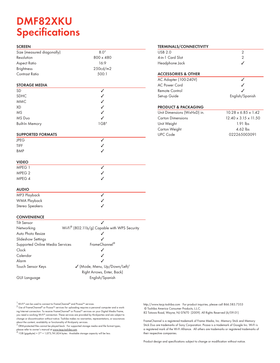 Dmf82xku speciﬁ cations | Toshiba DMF82XKU User Manual | Page 2 / 2
