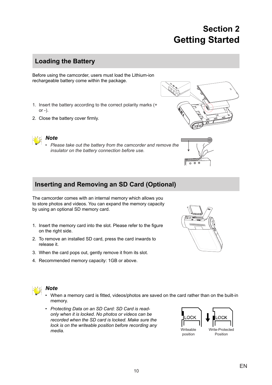 Section 2 getting started, Loading the battery, Inserting and removing an sd card (optional) | Getting started | Toshiba CAMILEO P20 User Manual | Page 10 / 47