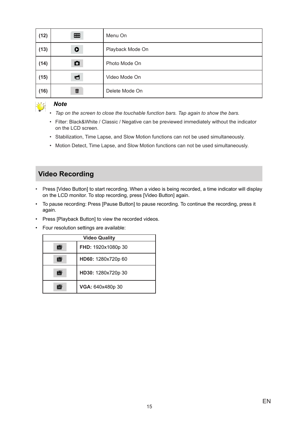 Video recording | Toshiba CAMILEO P20 User Manual | Page 15 / 47