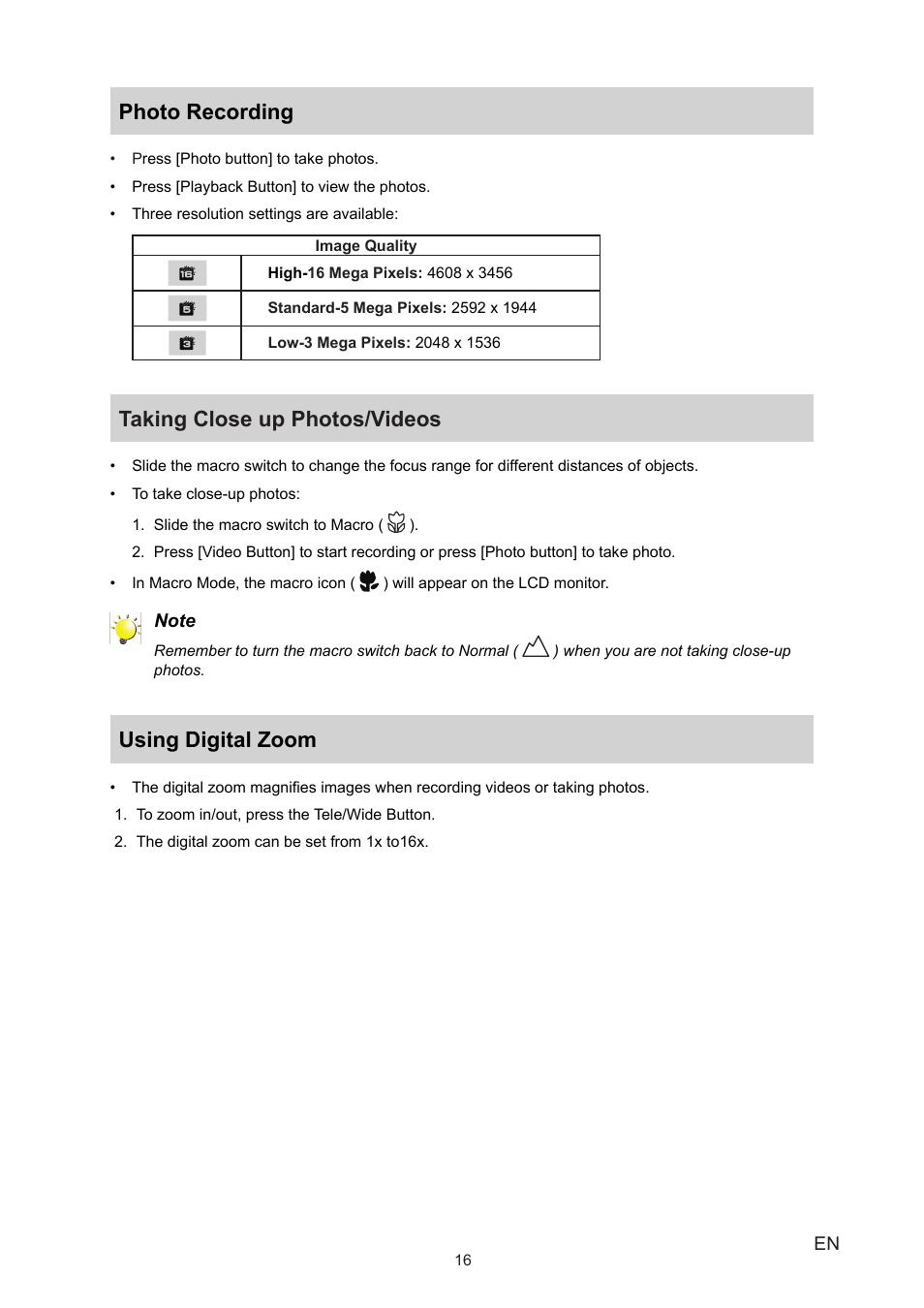 Photo recording, Taking close up photos/videos, Using digital zoom | Toshiba CAMILEO P20 User Manual | Page 16 / 47