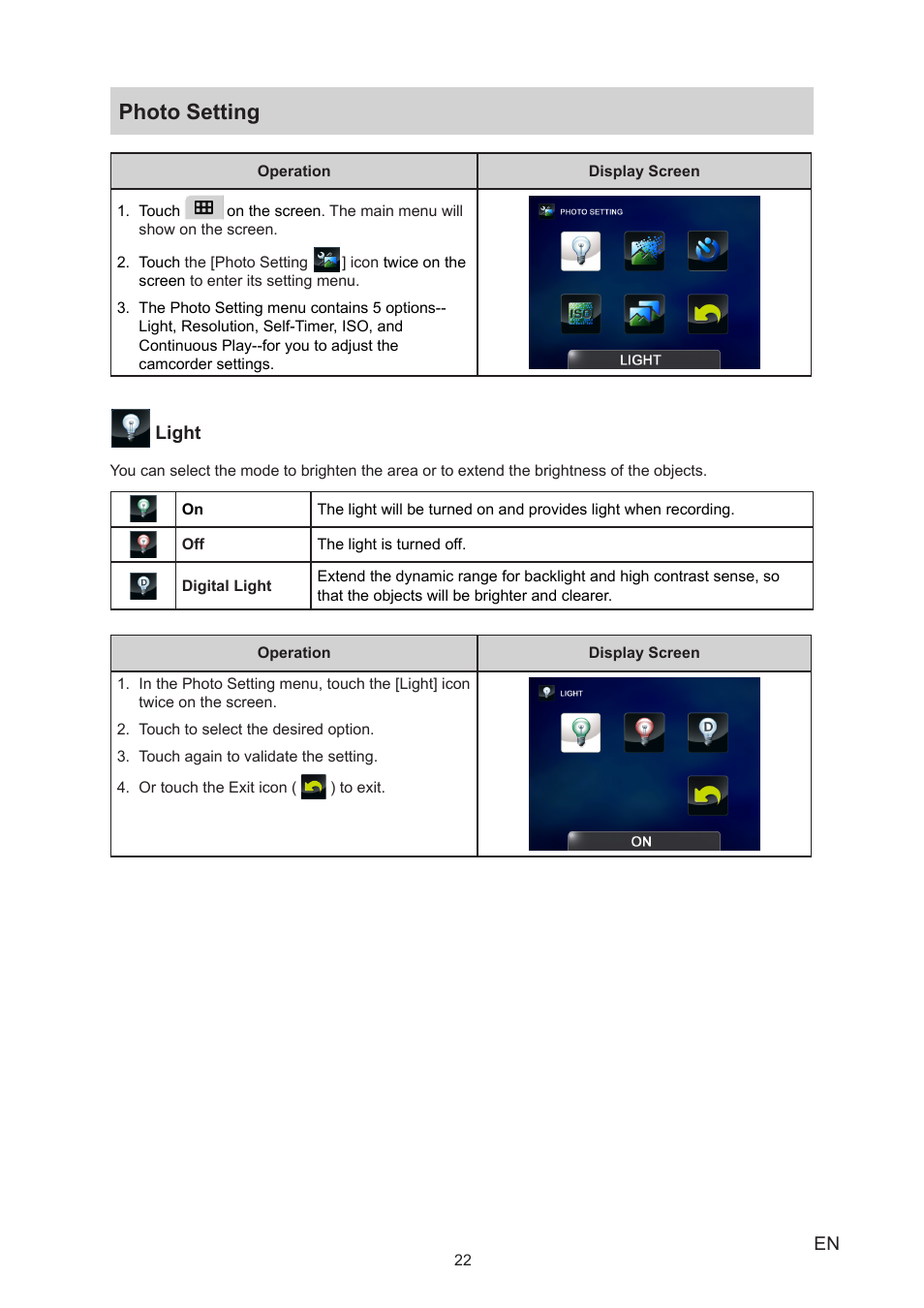 Photo setting | Toshiba CAMILEO P20 User Manual | Page 22 / 47
