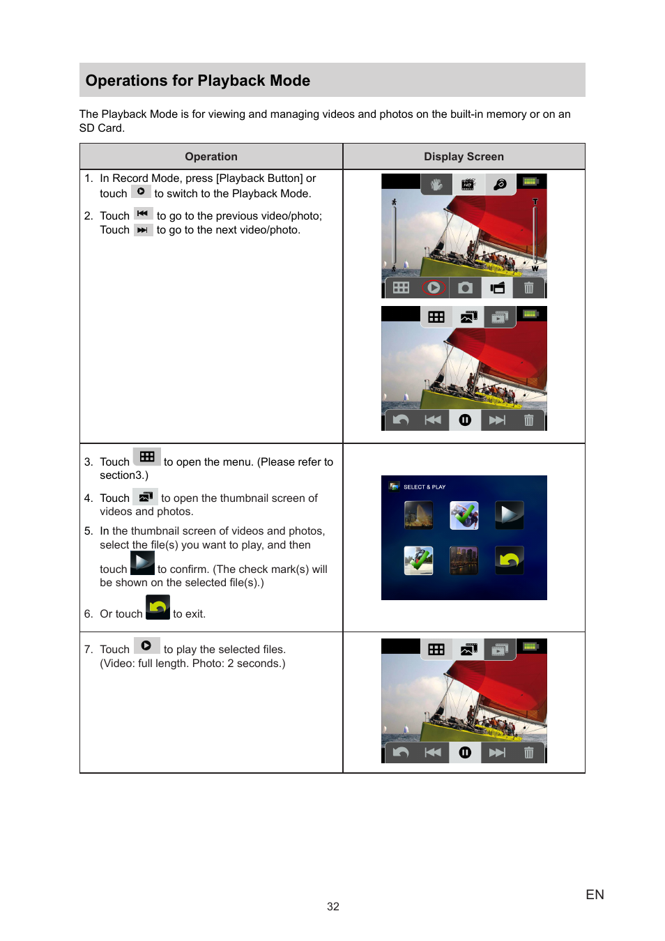 Operations for playback mode | Toshiba CAMILEO P20 User Manual | Page 32 / 47