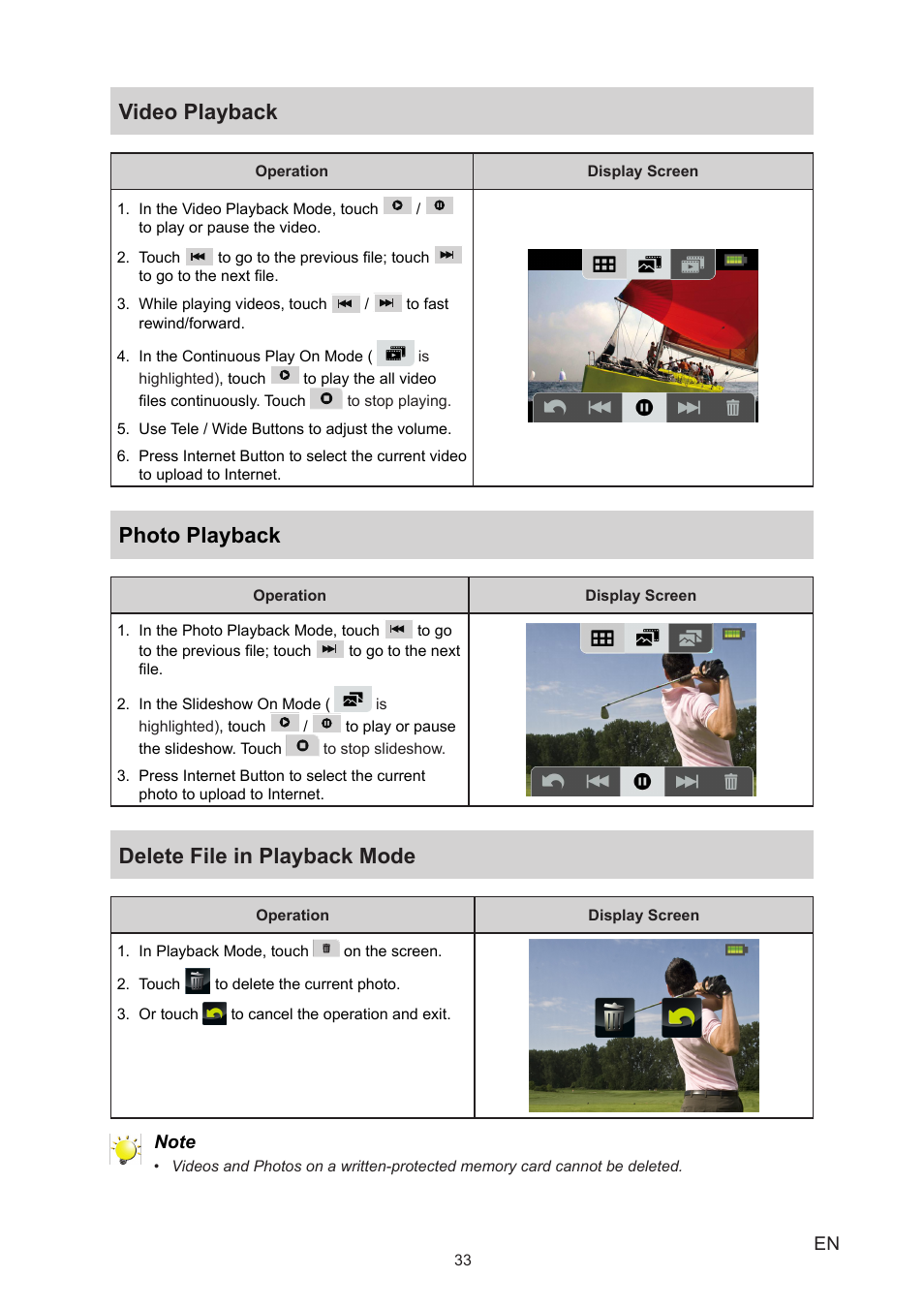 Video playback, Photo playback, Delete file in playback mode | Toshiba CAMILEO P20 User Manual | Page 33 / 47