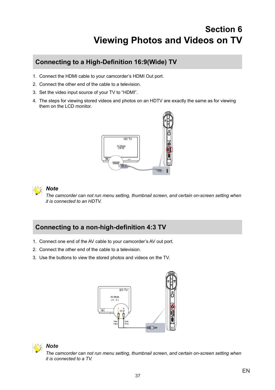 Section 6 viewing photos and videos on tv, Connecting to a high-definition 16:9(wide) tv, Connecting to a non-high-definition 4:3 tv | Viewing photos and videos on tv | Toshiba CAMILEO P20 User Manual | Page 37 / 47