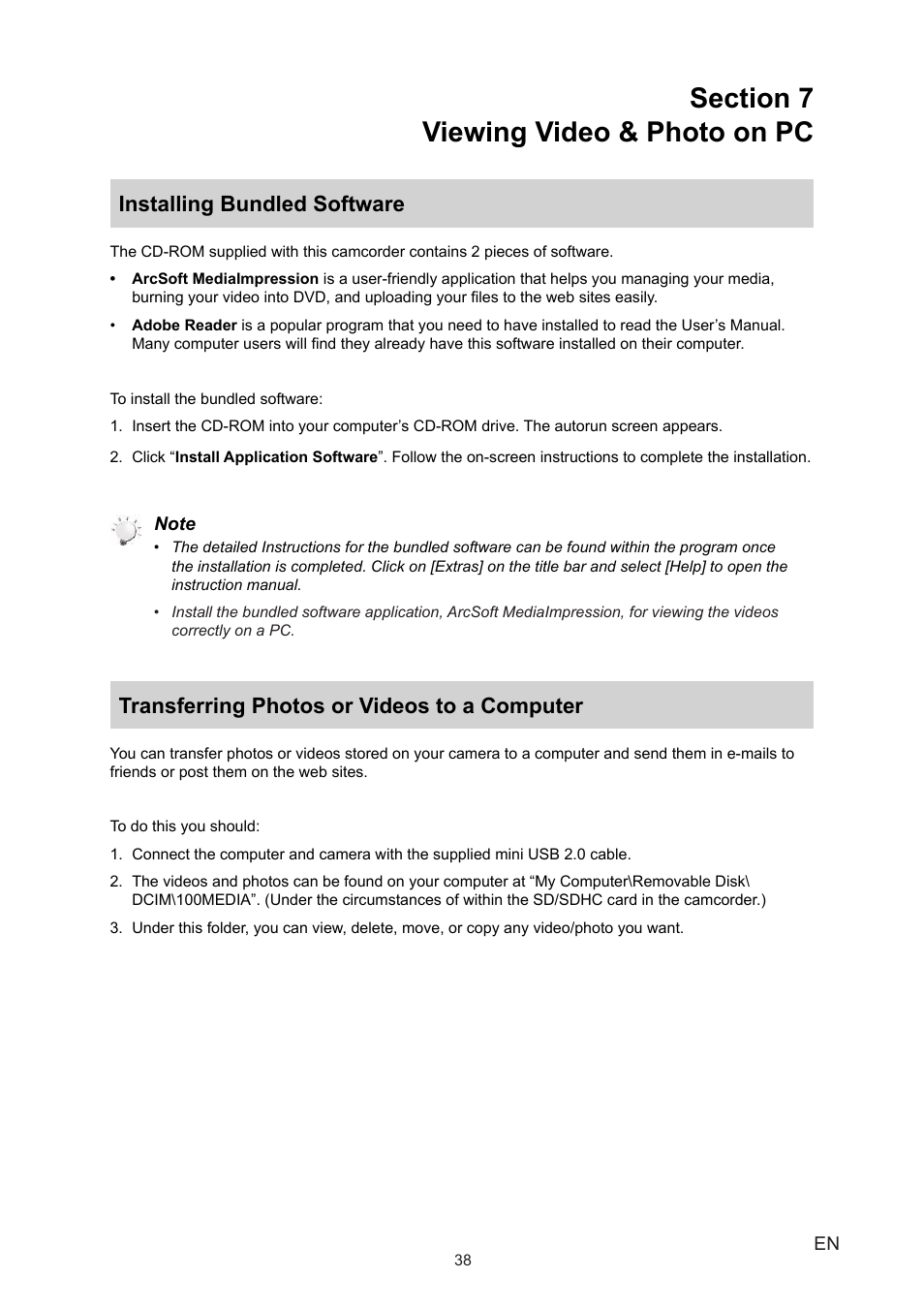 Section 7 viewing video & photo on pc, Installing bundled software, Transferring photos or videos to a computer | Toshiba CAMILEO P20 User Manual | Page 38 / 47