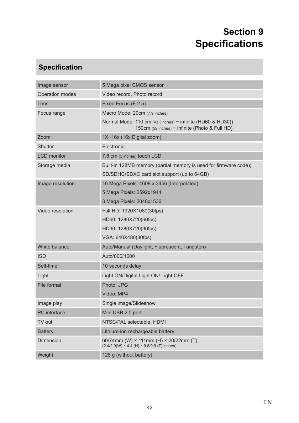 Section 9 specifications, Specifications, Specification | Toshiba CAMILEO P20 User Manual | Page 42 / 47