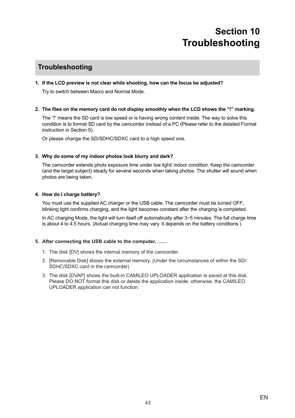 Section 10 troubleshooting, Troubleshooting | Toshiba CAMILEO P20 User Manual | Page 43 / 47