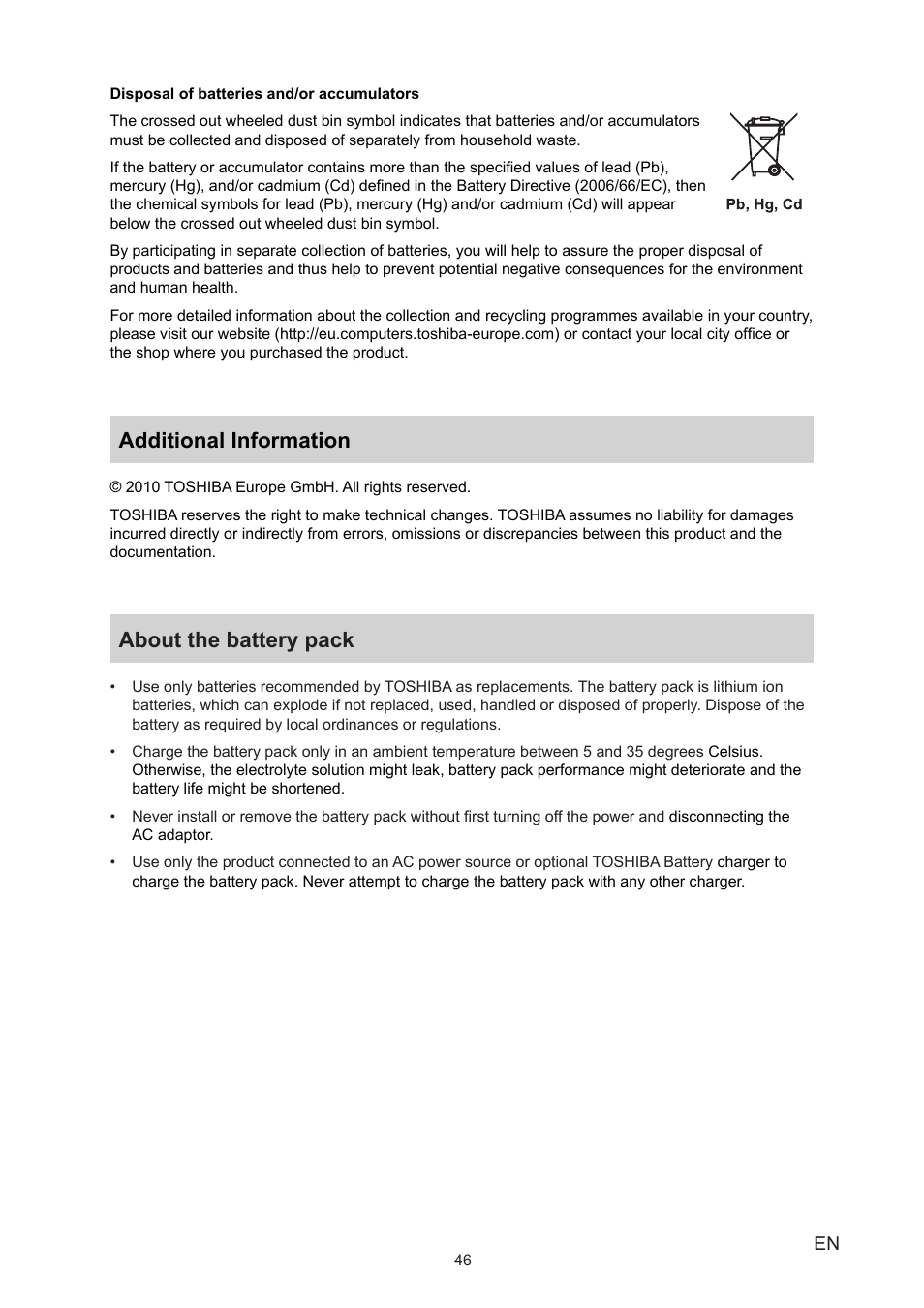 Additional information, About the battery pack, Additional information about the battery pack | Toshiba CAMILEO P20 User Manual | Page 46 / 47