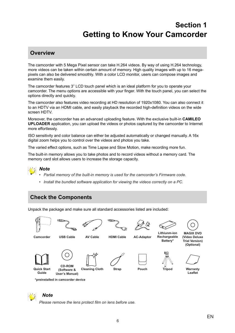 Section 1 getting to know your camcorder, Overview, Check the components | Overview check the components, Getting to know your camcorder | Toshiba CAMILEO P20 User Manual | Page 6 / 47