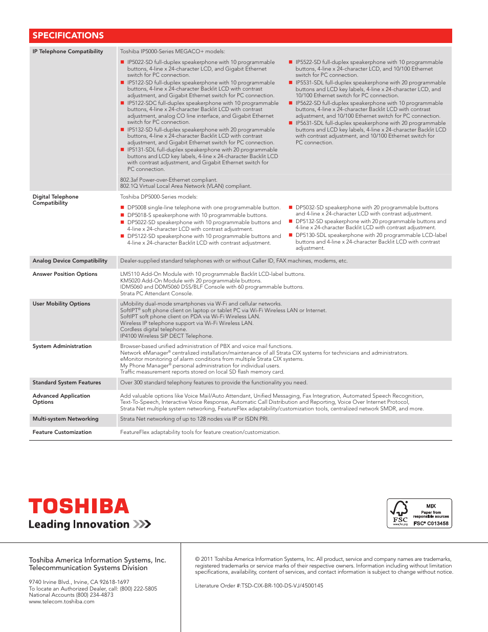 Specifications | Toshiba Strata CIX100 User Manual | Page 2 / 2