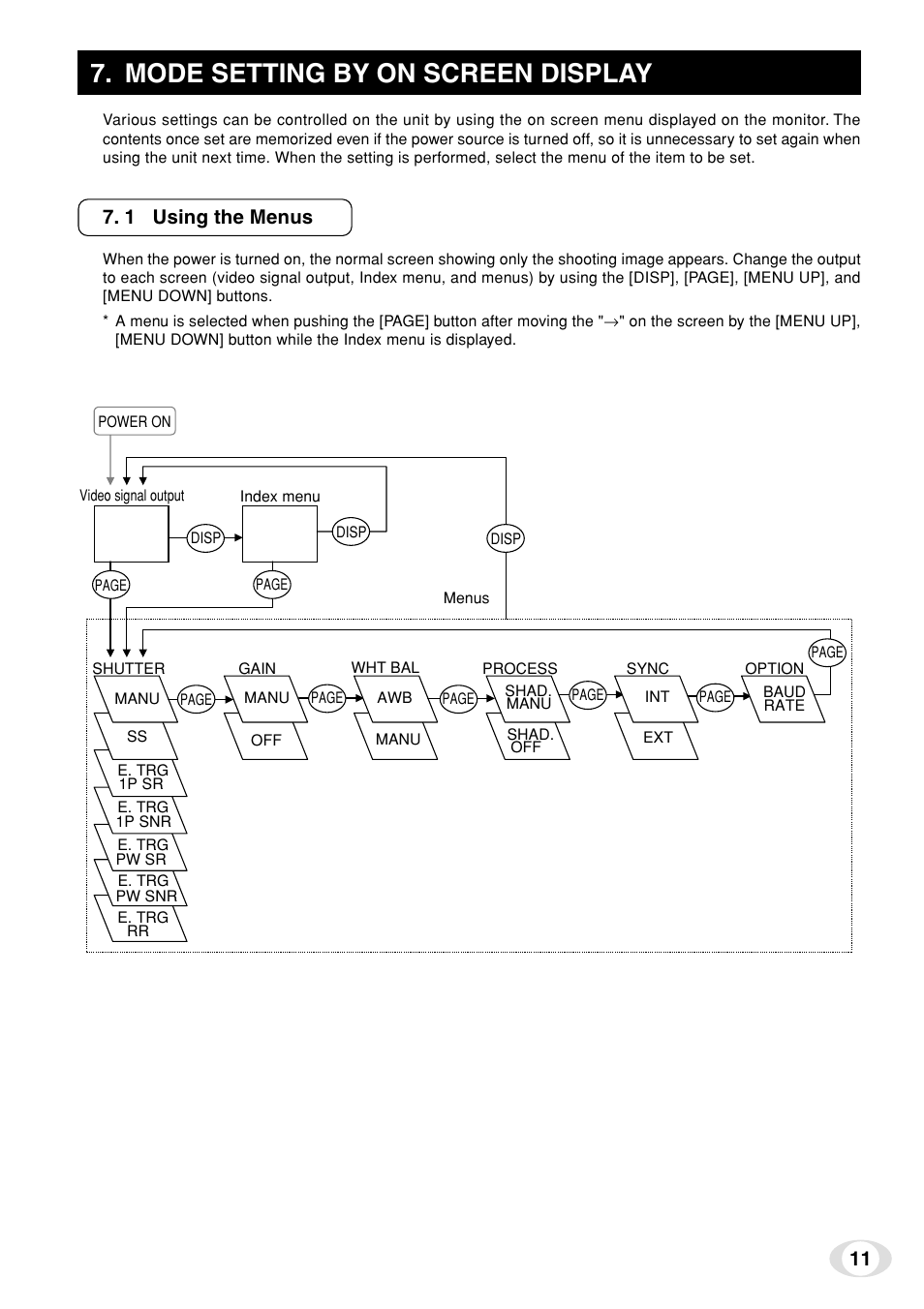 Mode setting by on screen display, 1 using the menus | Toshiba IK-TF7C User Manual | Page 11 / 36