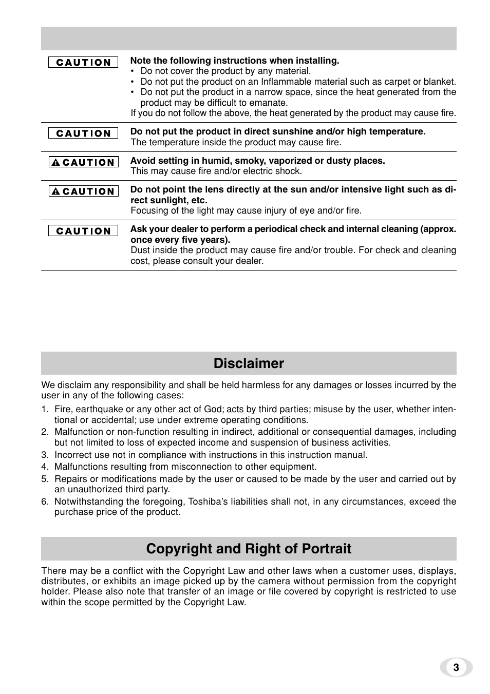 Disclaimer, Copyright and right of portrait | Toshiba IK-TF7C User Manual | Page 3 / 36