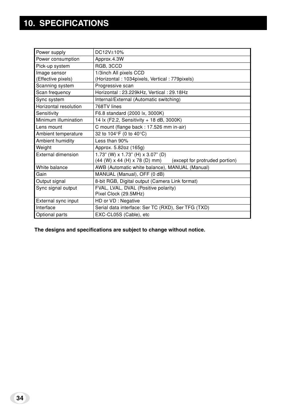 Specifications | Toshiba IK-TF7C User Manual | Page 34 / 36