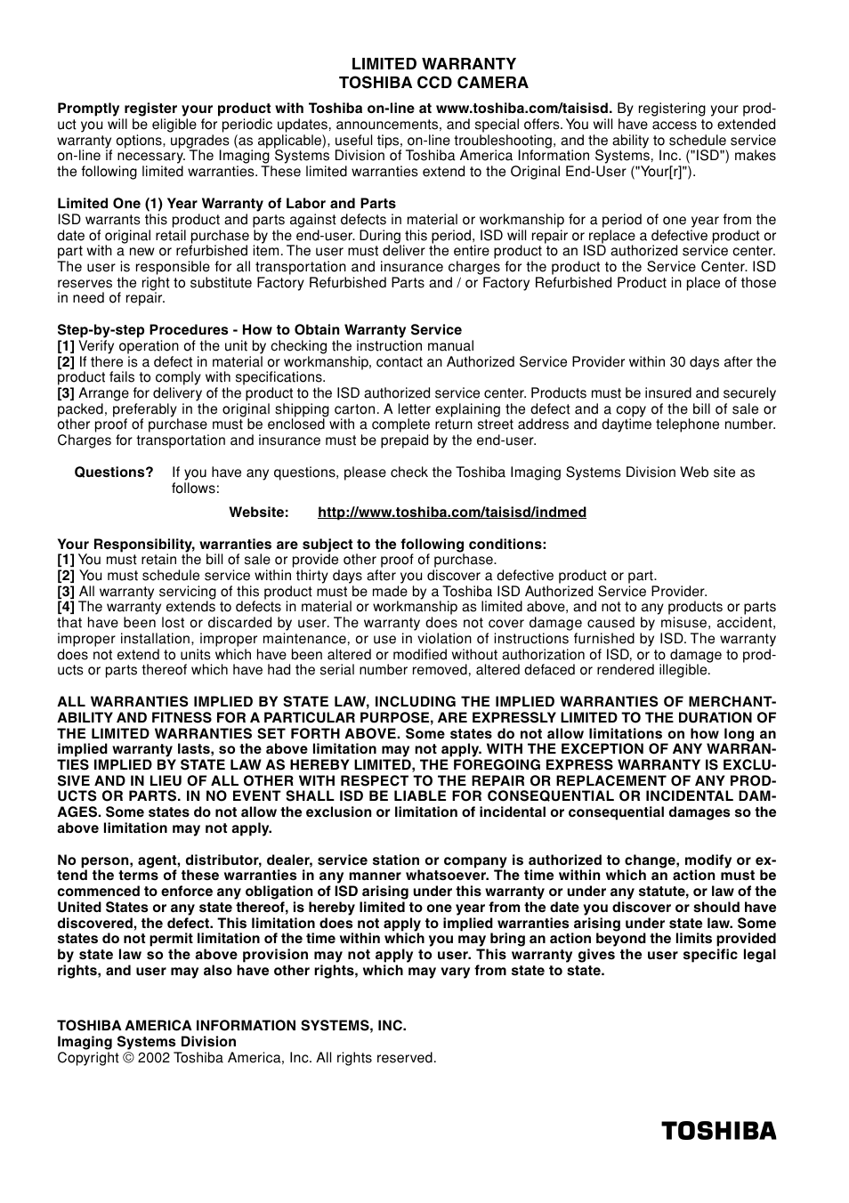 Toshiba IK-TF7C User Manual | Page 36 / 36