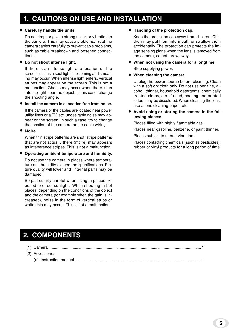 Cautions on use and installation, Components | Toshiba IK-TF7C User Manual | Page 5 / 36