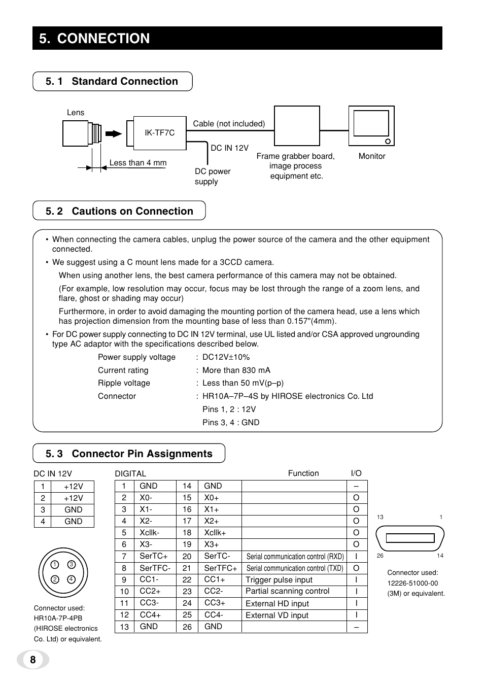 Connection, 1 standard connection 5. 2 cautions on connection, 3 connector pin assignments | Toshiba IK-TF7C User Manual | Page 8 / 36