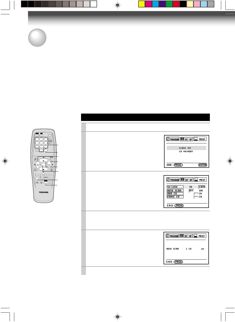 Storing channels on the vcr, Incoming antenna/cable(catv) signals, Press prog . to display the menu screen | Select “preset” using ff or rew , and press enter, Set “tv/catv“ to “tv” or “catv” using ff or rew, Press prog. twice to exit | Toshiba W-515 User Manual | Page 16 / 34
