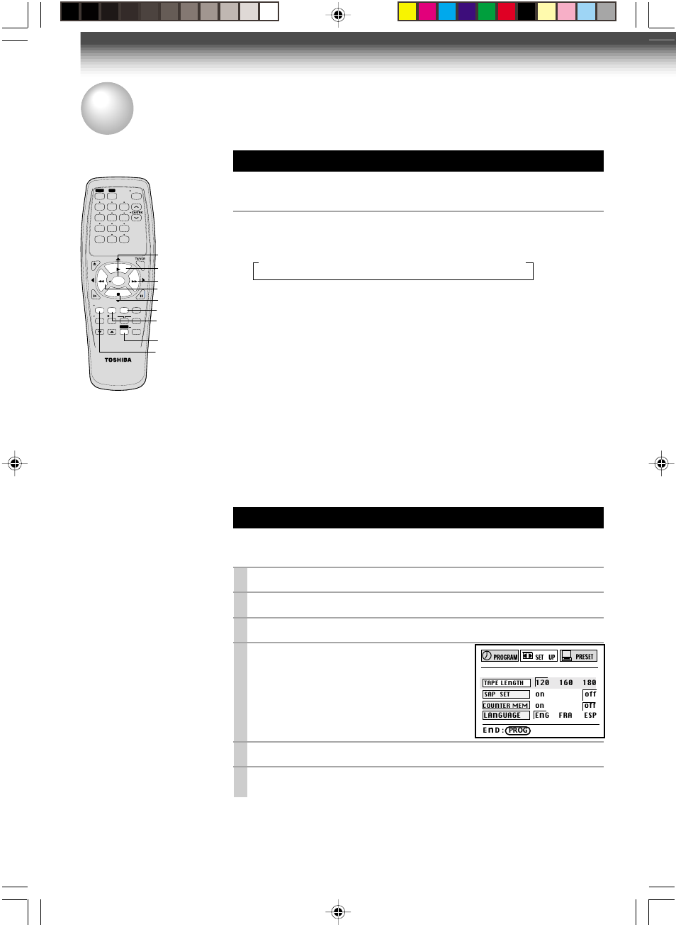 Useful functions in tape operation, Tape remaining time, Counter function | Turn on the vcr and load a cassette, Press prog. to display the menu screen, Select “set up” using ff or rew , and press enter, Select the length of the tape, using ff or rew, Press prog. to exit, Press remain/counter, These functions will help your playback | Toshiba W-515 User Manual | Page 22 / 34