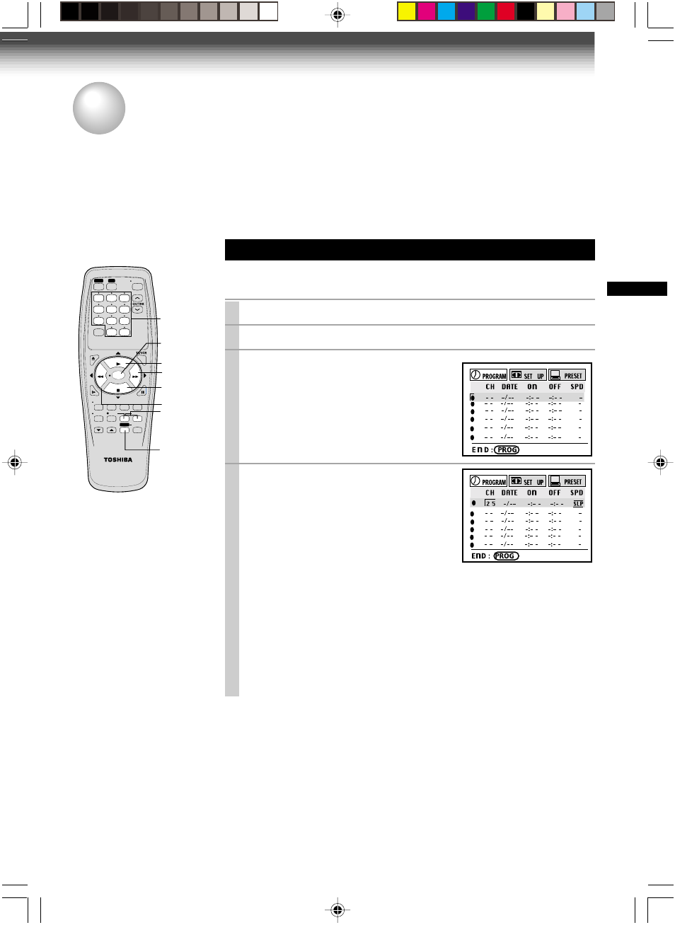 Timer program recording, Timer programming procedure, Load a cassette with the safety tab attached | Press prog . to display the menu screen, Select “program” using ff or rew , and press enter | Toshiba W-515 User Manual | Page 25 / 34