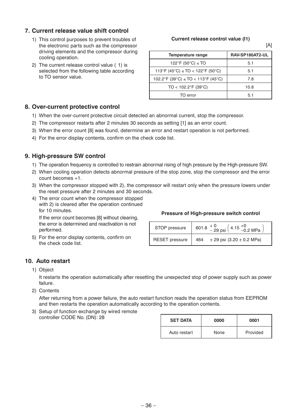 Current release value shift control, Over-current protective control, High-pressure sw control | Auto restart | Toshiba CARRIER RAV-SP300AT2-UL User Manual | Page 36 / 116
