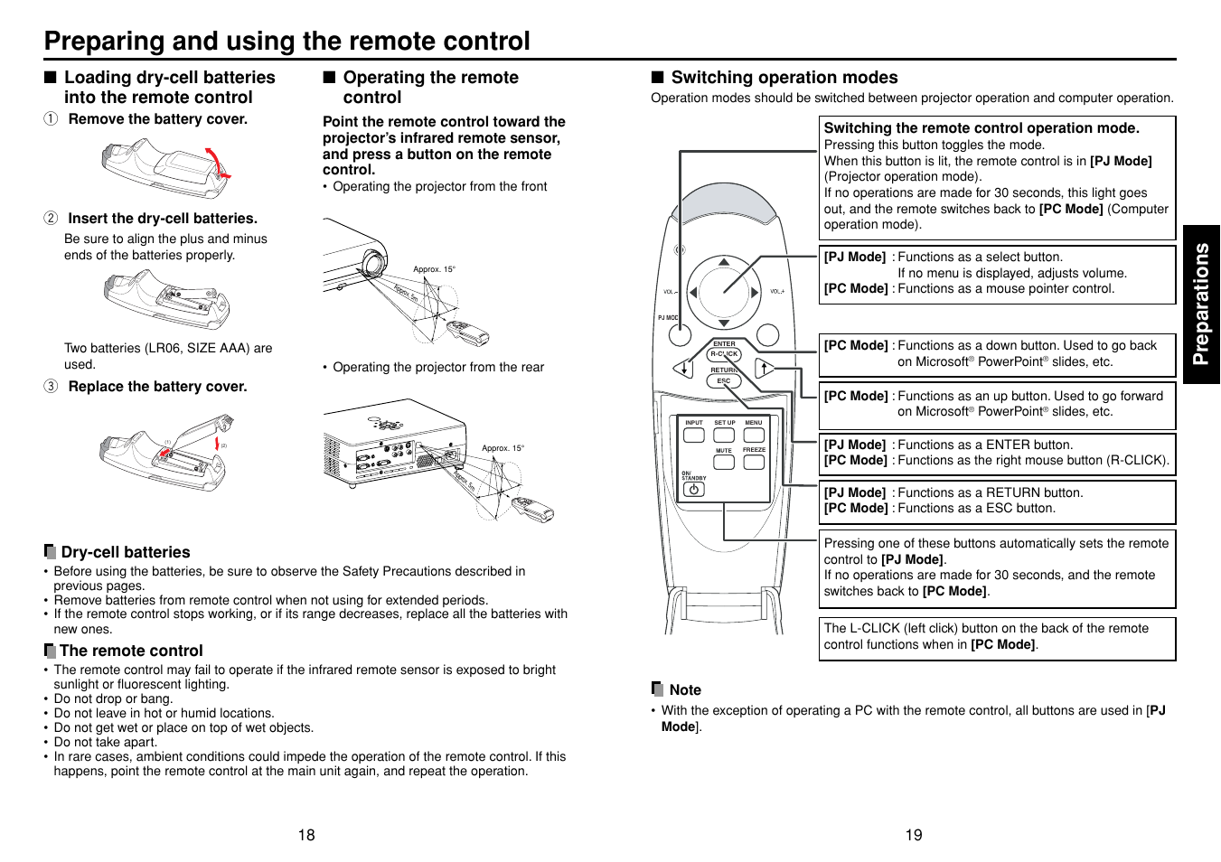 Preparing and using the remote control, P.18, P.19 | Preparations | Toshiba TDP-T40 (XGA) User Manual | Page 10 / 23