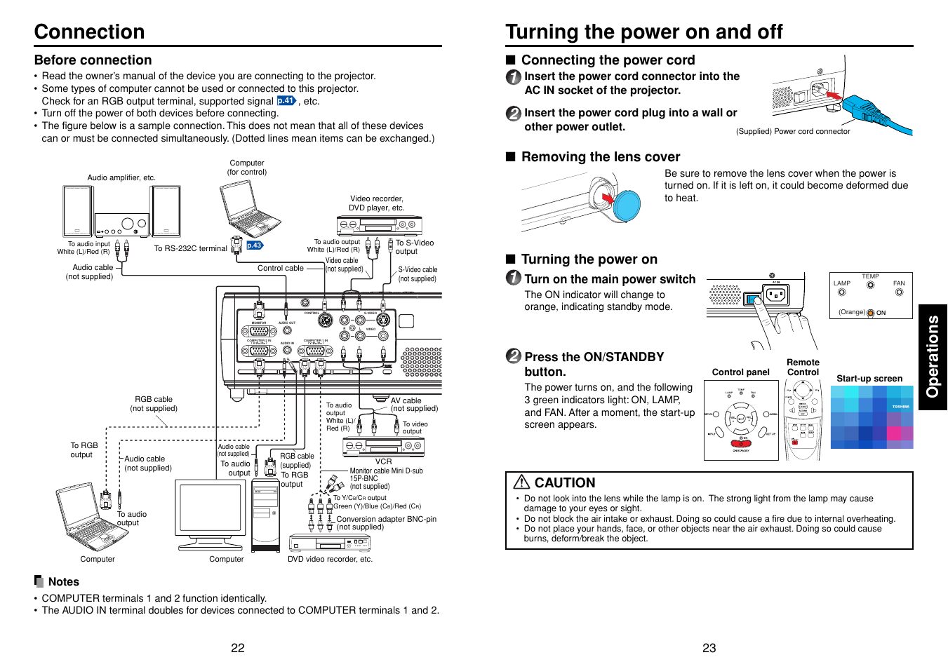 Connection, Operations, Turning the power on and off | P.23, Before connection, Connecting the power cord, Turning the power on, Caution, Removing the lens cover, Turn on the main power switch | Toshiba TDP-T40 (XGA) User Manual | Page 12 / 23