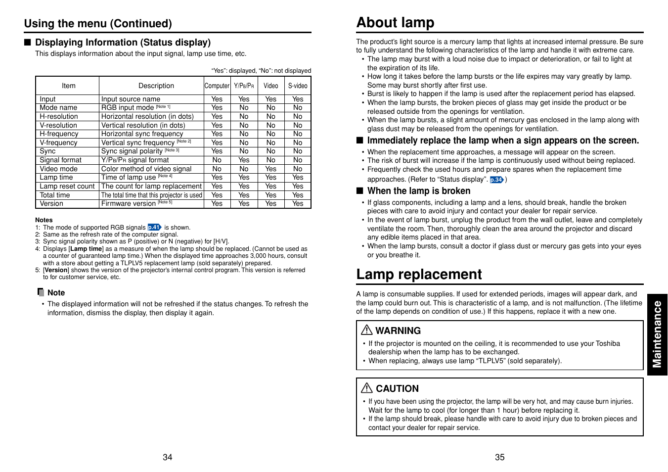 Displaying information (status display), Maintenance, About lamp | Lamp replacement, P.34, Using the menu (continued) | Toshiba TDP-T40 (XGA) User Manual | Page 18 / 23