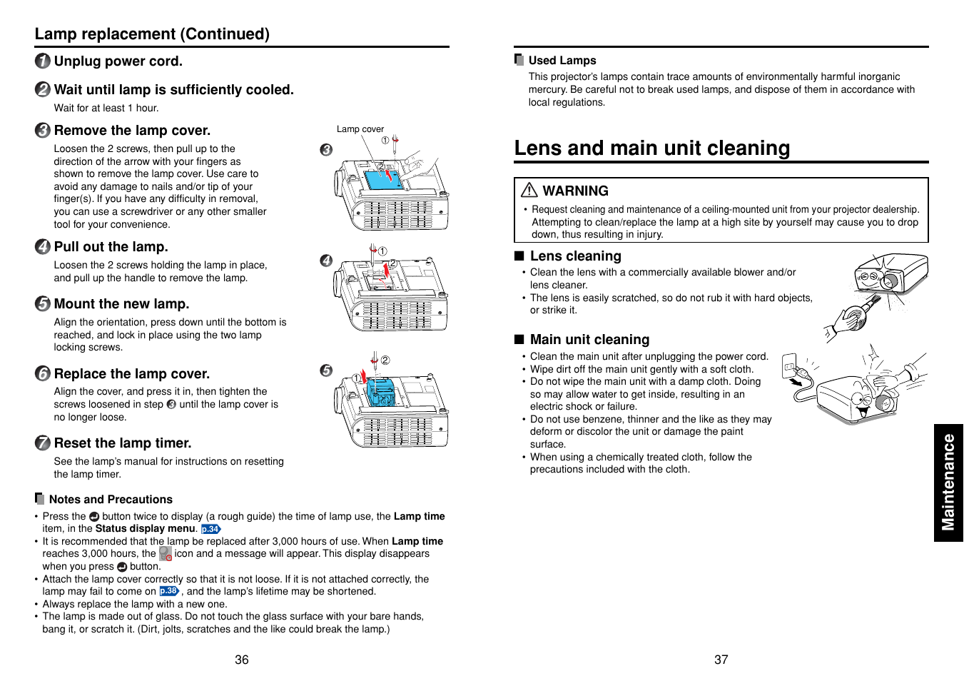 Lens and main unit cleaning, P.36, Maintenance | Lamp replacement (continued) | Toshiba TDP-T40 (XGA) User Manual | Page 19 / 23