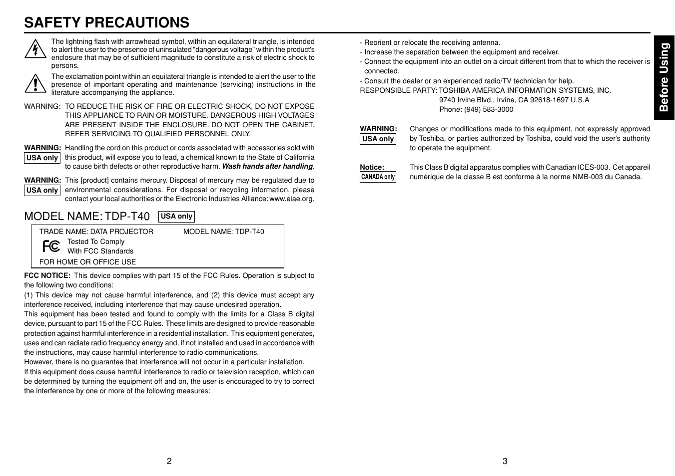Before using, Safety precautions, Model name: tdp-t40 | Toshiba TDP-T40 (XGA) User Manual | Page 2 / 23