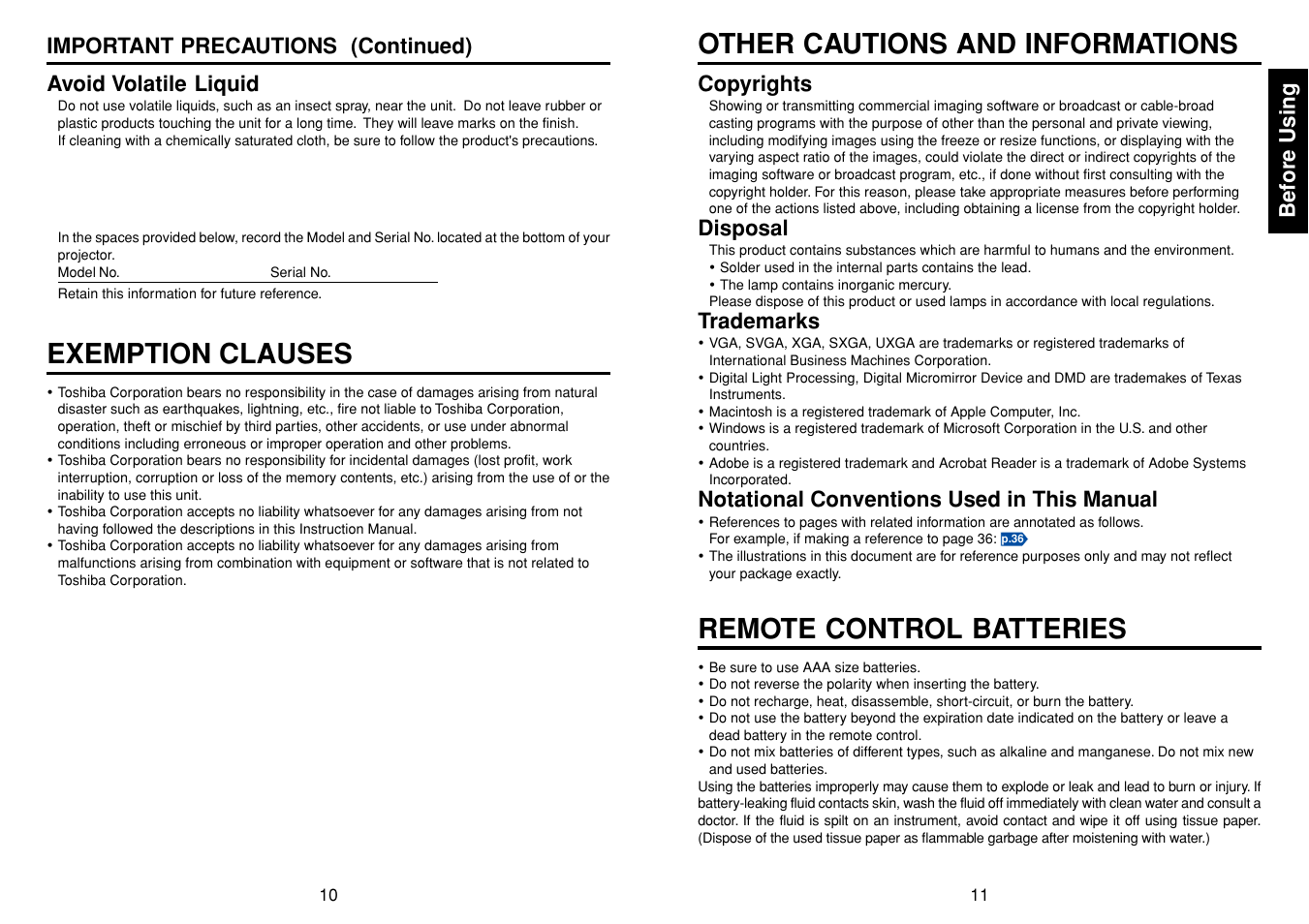 Exemption clauses, Other cautions and informations, Remote control batteries | Before using, Copyrights, Disposal, Trademarks, Notational conventions used in this manual | Toshiba TDP-T40 (XGA) User Manual | Page 6 / 23