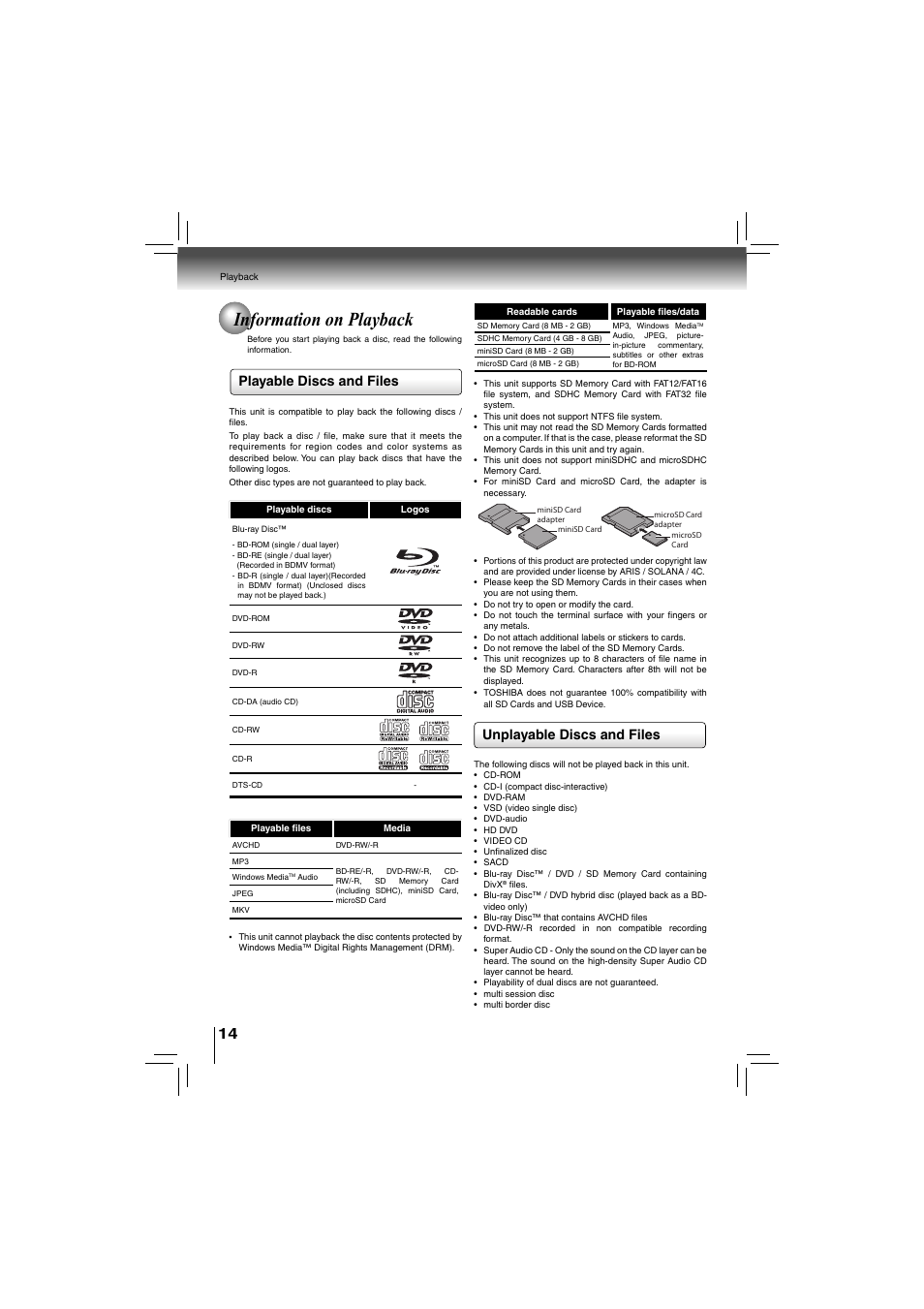 Information on playback | Toshiba bdx5200ku User Manual | Page 14 / 60