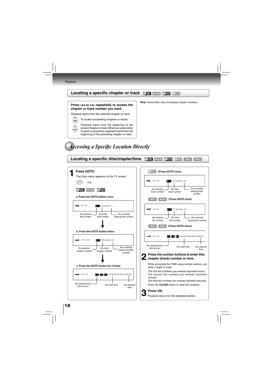 Accessing a specifi c location directly, Locating a specifi c chapter or track, Locating a specifi c title/chapter/time | Toshiba bdx5200ku User Manual | Page 18 / 60