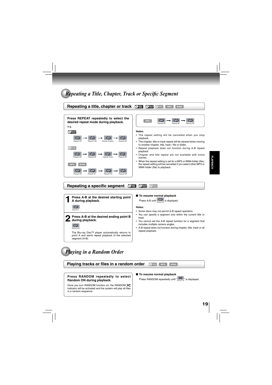 Playing in a random order, Repeating a title, chapter or track, Repeating a specifi c segment | Playing tracks or fi les in a random order | Toshiba bdx5200ku User Manual | Page 19 / 60