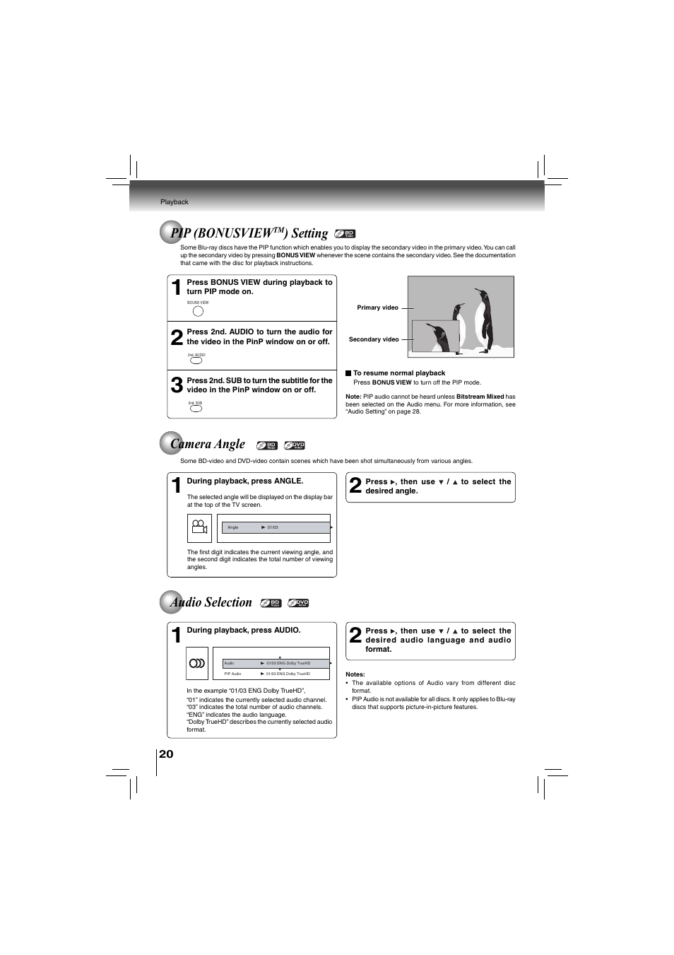 Pip (bonusview, Setting, Camera angle audio selection | Toshiba bdx5200ku User Manual | Page 20 / 60