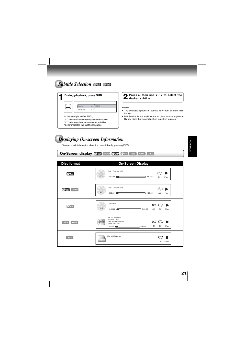 Displaying on-screen information, Subtitle selection, On-screen display | Disc format on-screen display | Toshiba bdx5200ku User Manual | Page 21 / 60