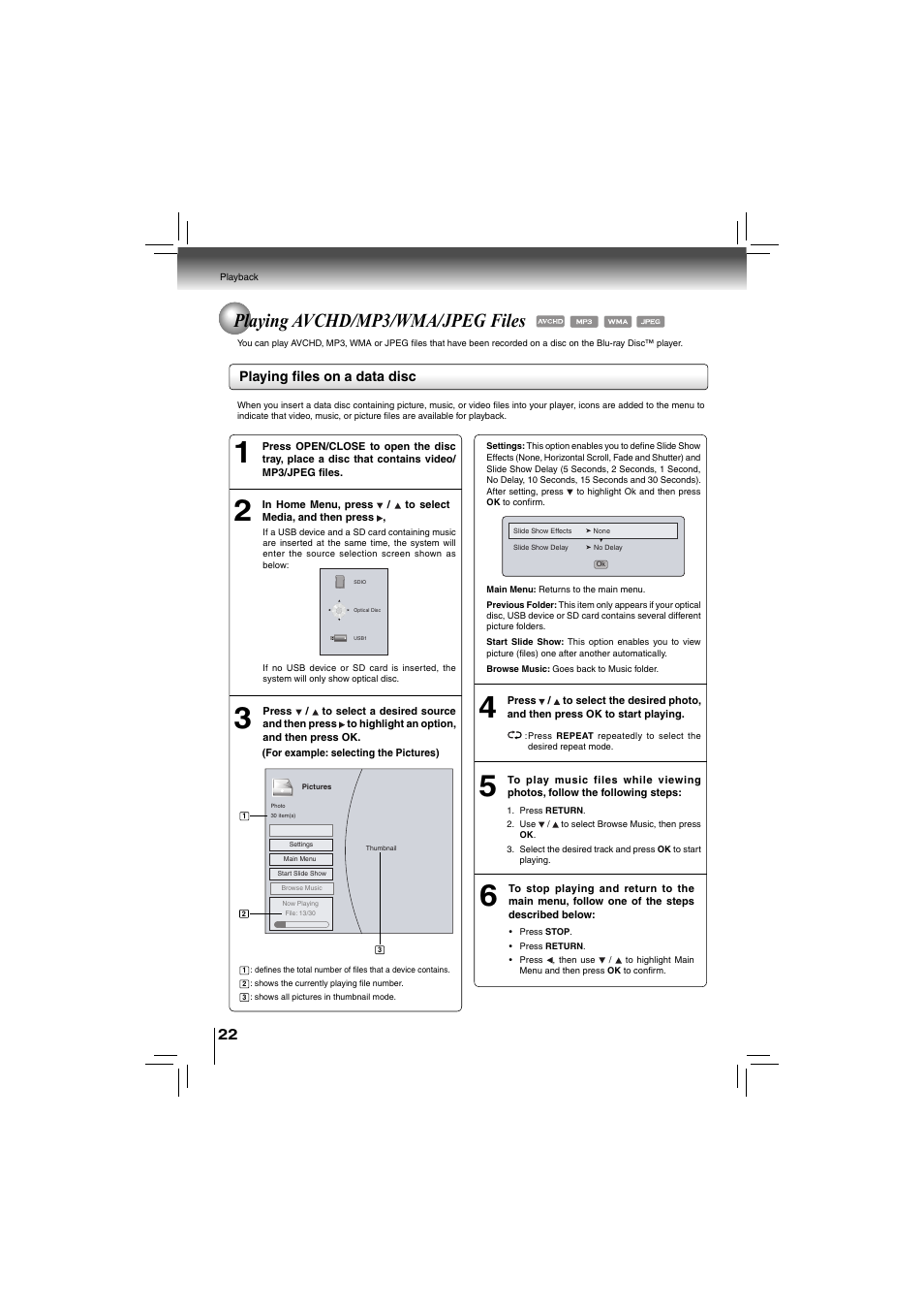 Playing avchd/mp3/wma/jpeg files, Playing fi les on a data disc | Toshiba bdx5200ku User Manual | Page 22 / 60